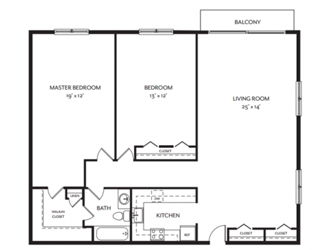 Floor plan for 2 beds, 1 bath, 1100 sqft